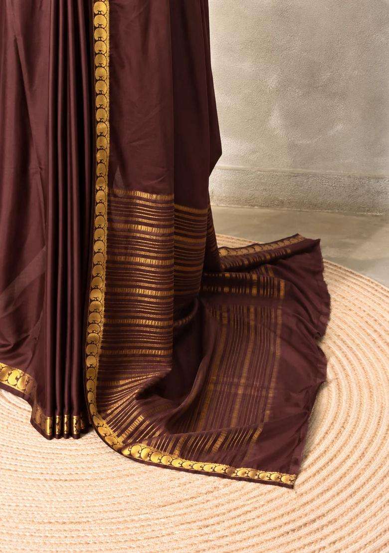 Brown Semi Mysore Crepe Silk Saree With Traditional Woven Design For Women - Indya