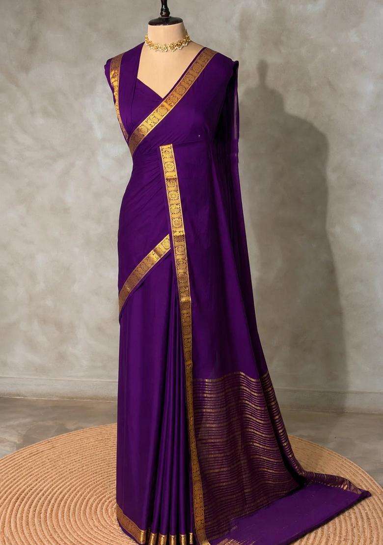 Violet Semi Mysore Crepe Silk Saree With Traditional Woven Design For Women - Indya