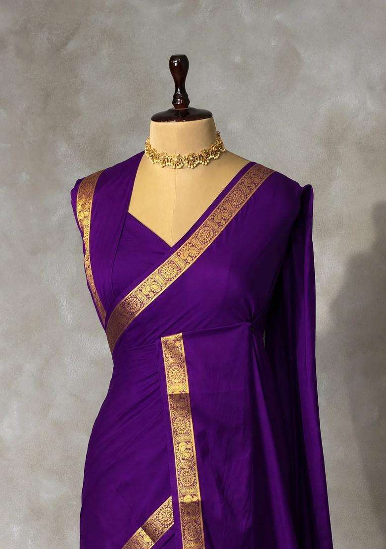 Violet Semi Mysore Crepe Silk Saree With Traditional Woven Design For Women - Indya