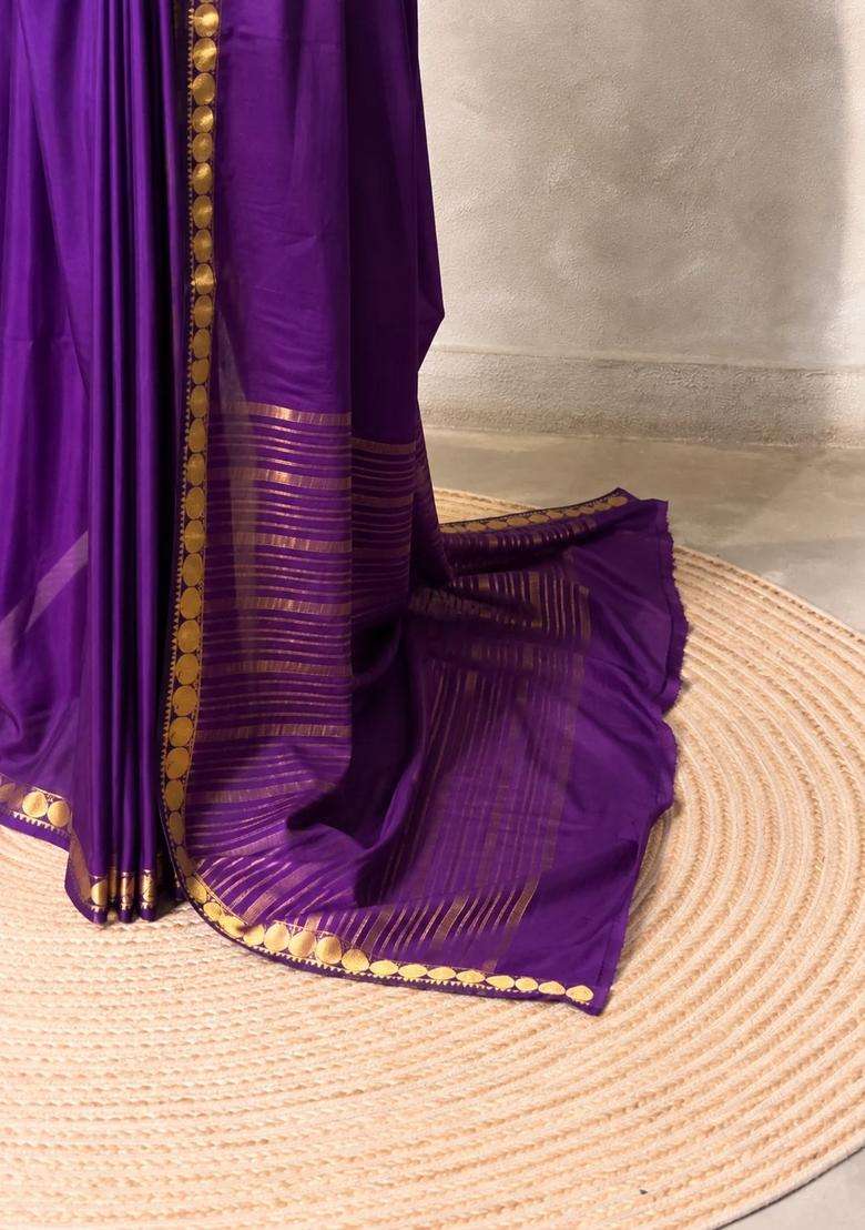 Violet Semi Mysore Crepe Silk Saree With Traditional Woven Design For Women - Indya