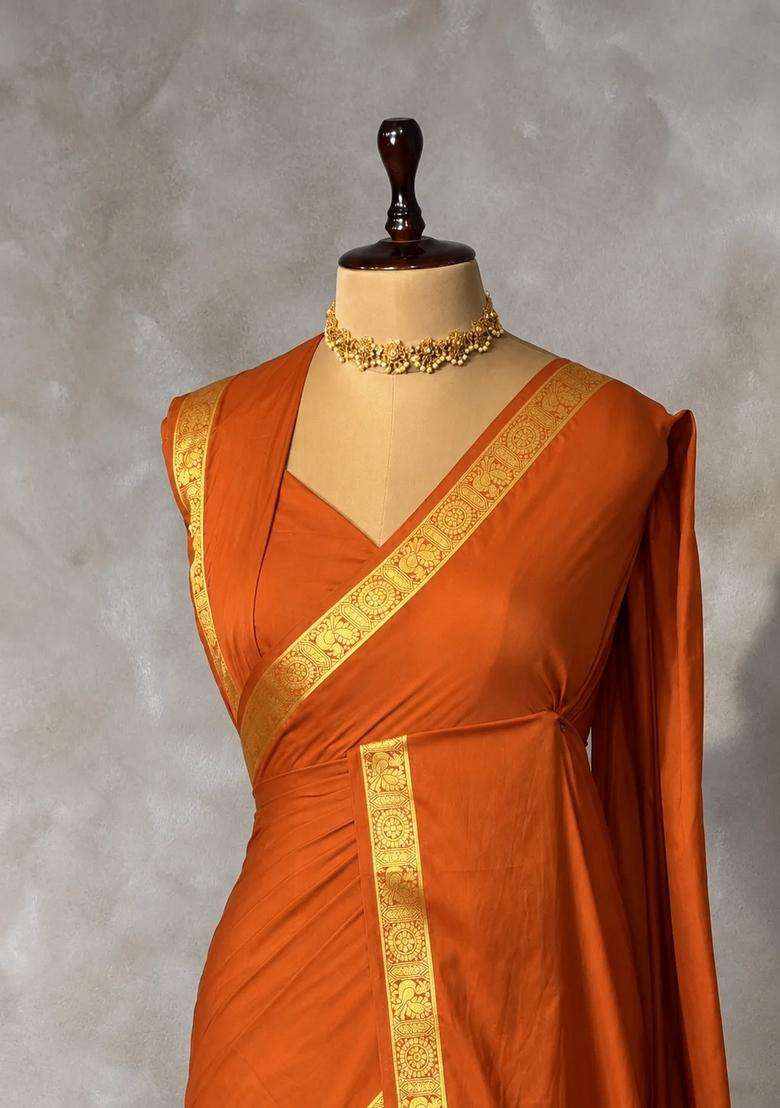 Orange Semi Mysore Crepe Silk Saree With Traditional Woven Design For Women - Indya