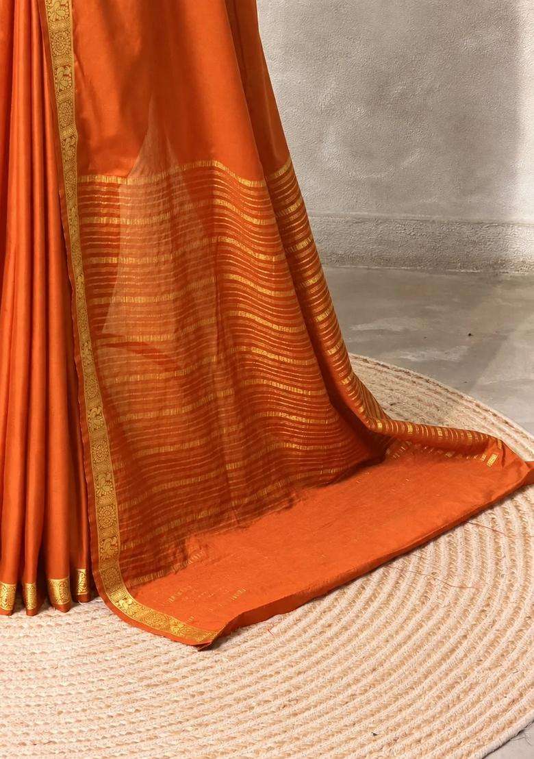 Orange Semi Mysore Crepe Silk Saree With Traditional Woven Design For Women - Indya