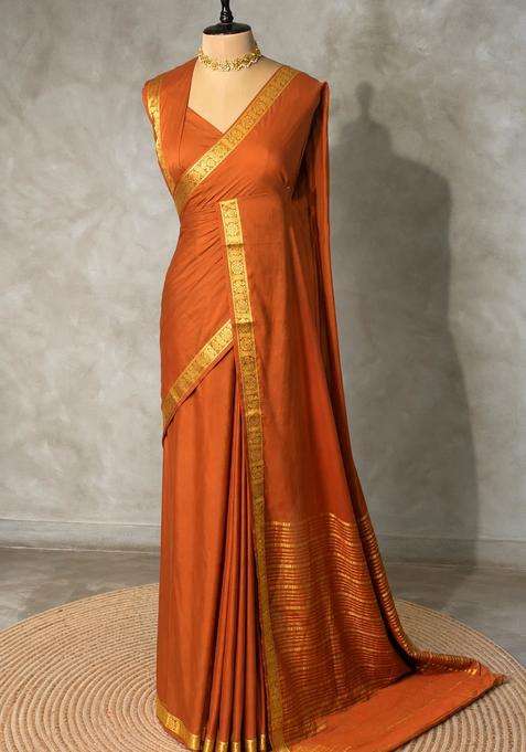 Orange Semi Mysore Crepe Silk Saree With Traditional Woven Design For Women