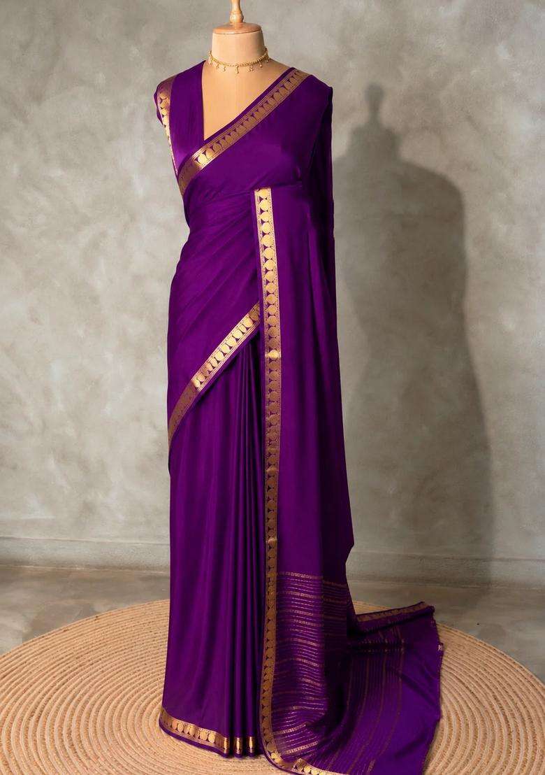 Wine Semi Mysore Crepe Silk Saree With Traditional Woven Design For Women - Indya