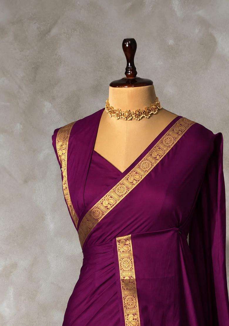 Wine Semi Mysore Crepe Silk Saree With Traditional Woven Design For Women - Indya