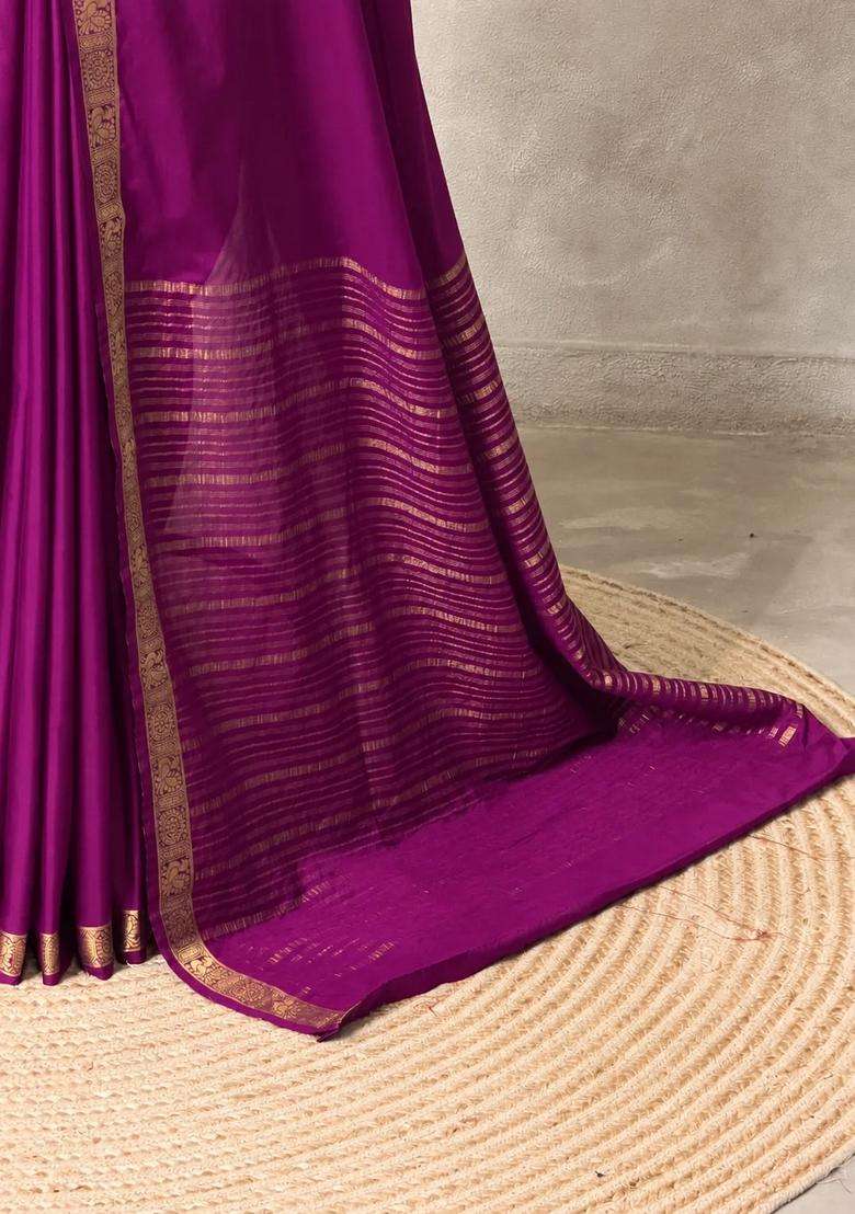 Wine Semi Mysore Crepe Silk Saree With Traditional Woven Design For Women - Indya
