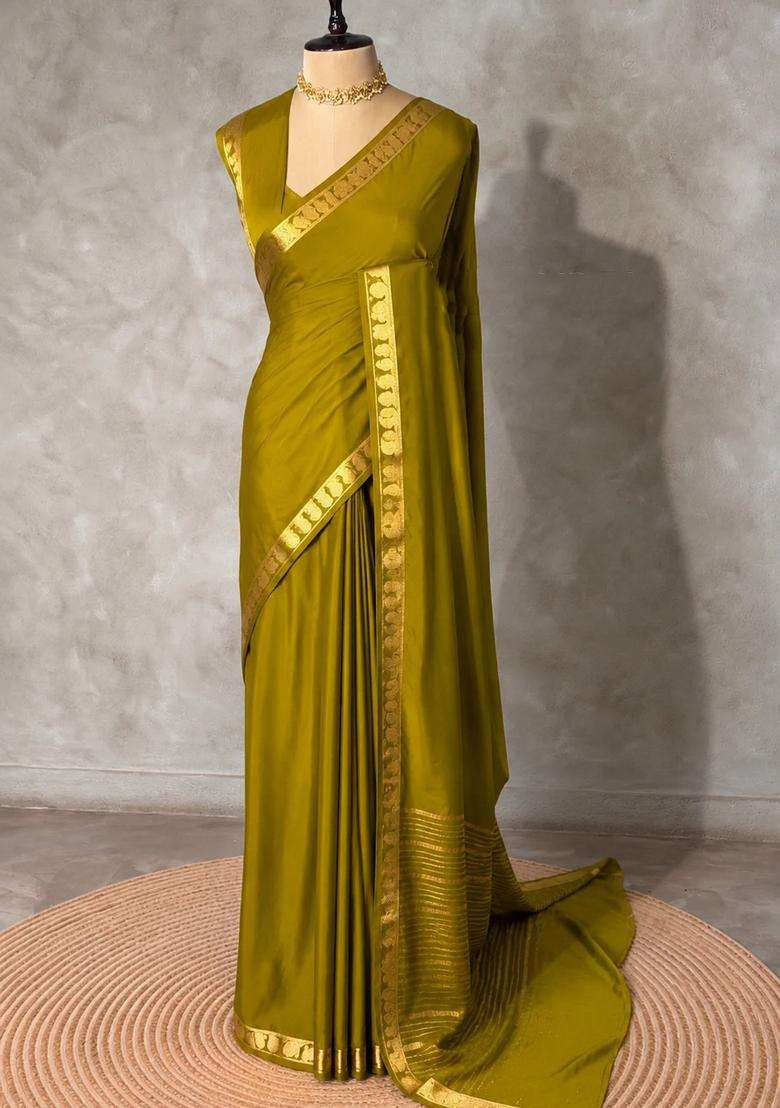 Olive Semi Mysore Crepe Silk Saree With Traditional Woven Design For Women - Indya