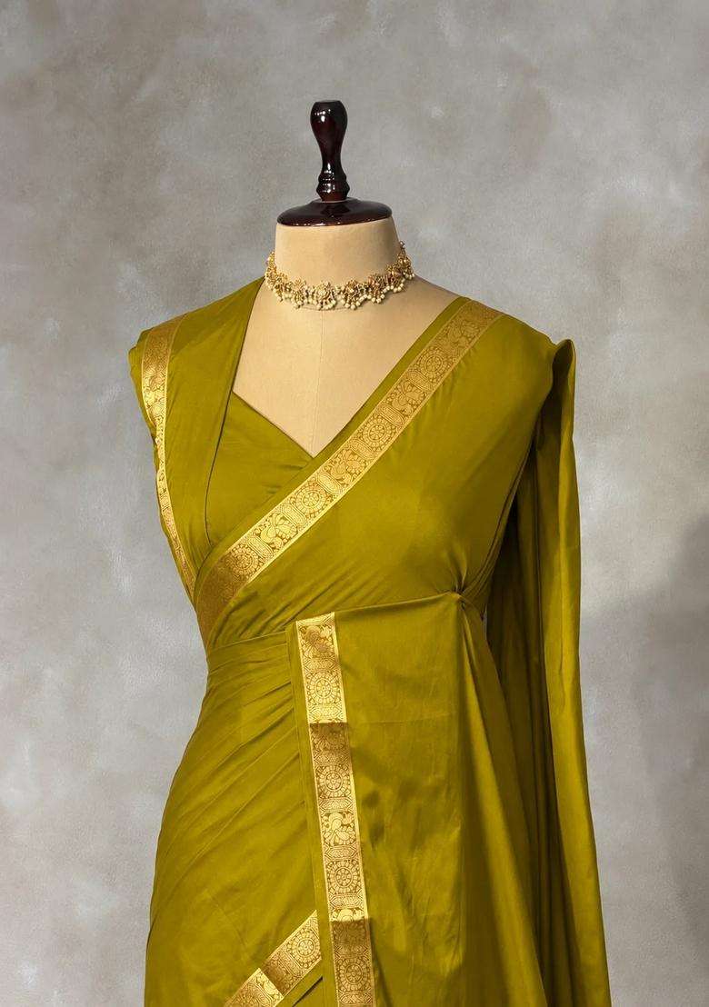 Olive Semi Mysore Crepe Silk Saree With Traditional Woven Design For Women - Indya