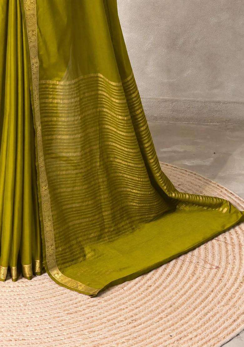 Olive Semi Mysore Crepe Silk Saree With Traditional Woven Design For Women - Indya