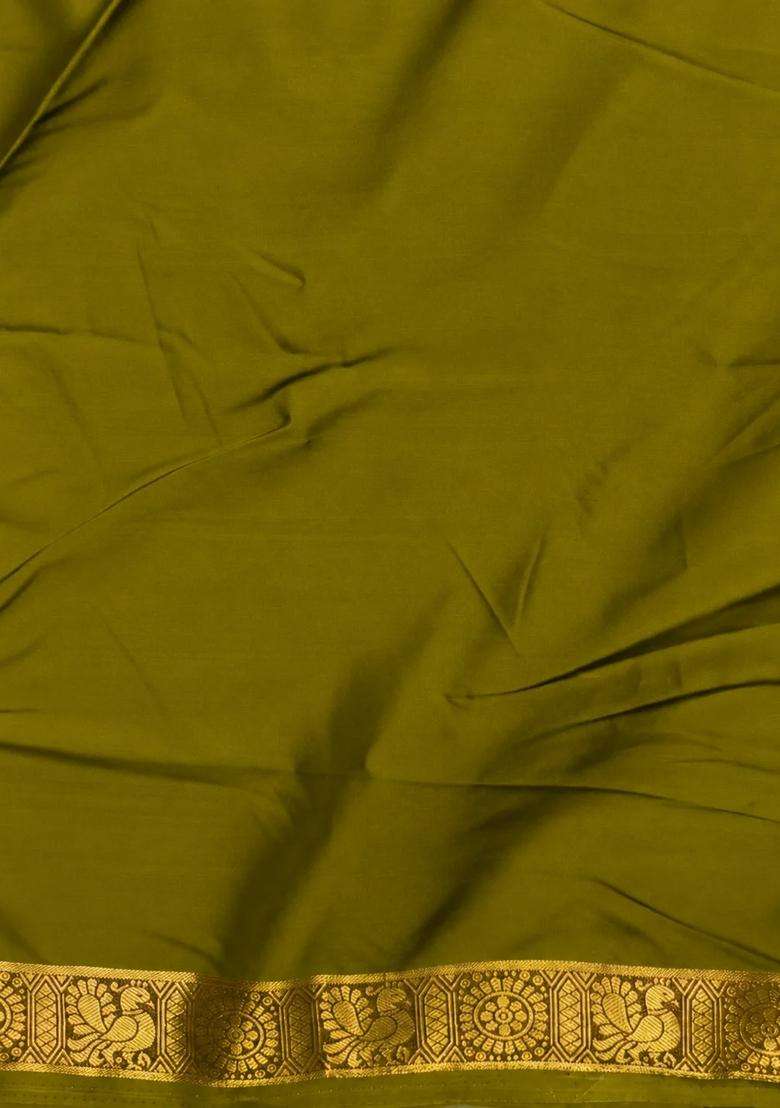 Olive Semi Mysore Crepe Silk Saree With Traditional Woven Design For Women - Indya