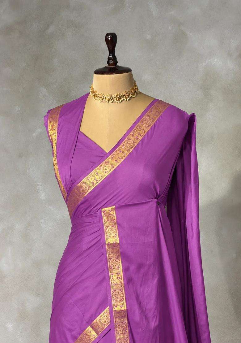 Purple Semi Mysore Crepe Silk Saree With Traditional Woven Design For Women - Indya