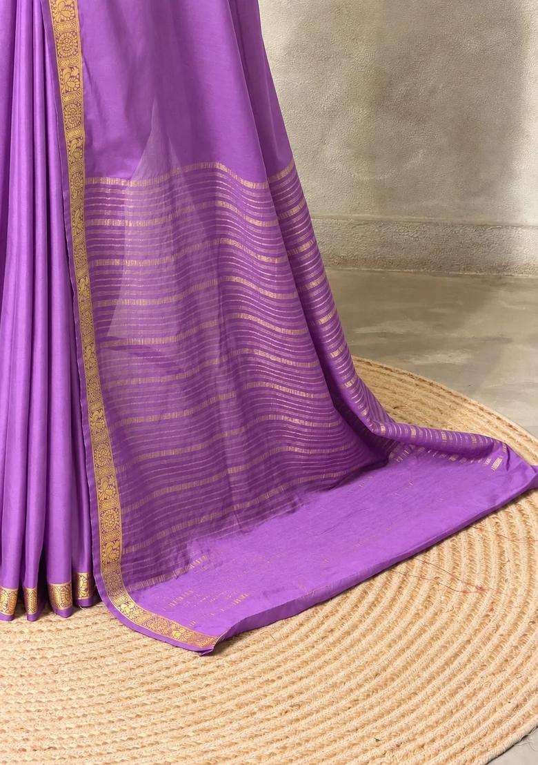 Purple Semi Mysore Crepe Silk Saree With Traditional Woven Design For Women - Indya