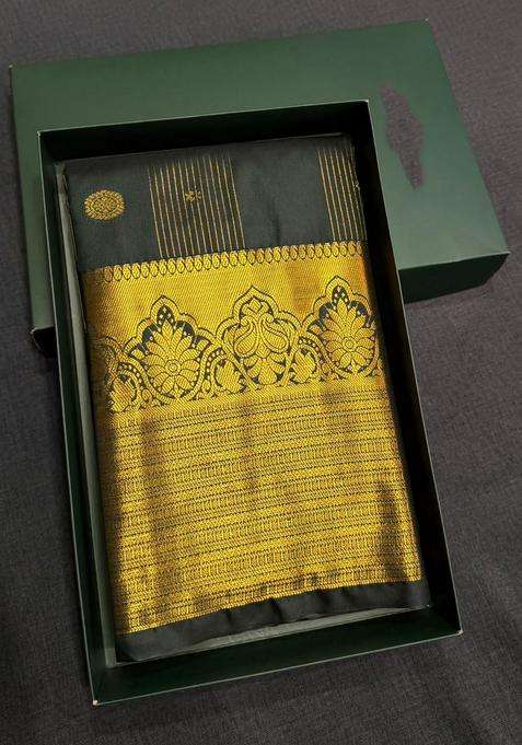 Green And Gold Semi Kanchipuram Silk Saree With Traditional Woven Design For Women