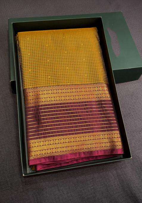 Mustard And Wine Semi Kanchipuram Silk Saree With Traditional Woven Design For Women
