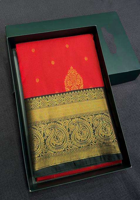 Burned Orange And Green Semi Kanchipuram Silk Saree With Traditional Woven Design For Women