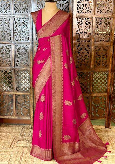 Rani Pink Premium Tusser Silk Tussar Saree With Traditional Woven Design For Women