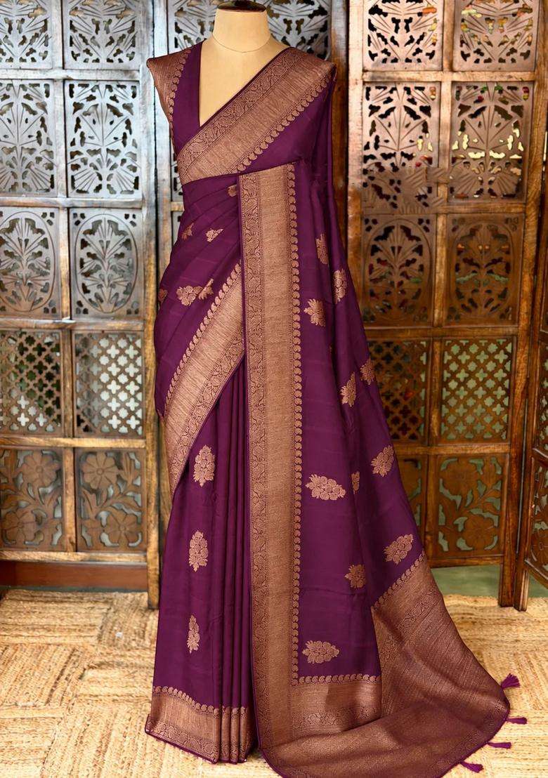 Deep Wine Premium Tusser Silk Tussar Saree With Traditional Woven Design For Women - Indya