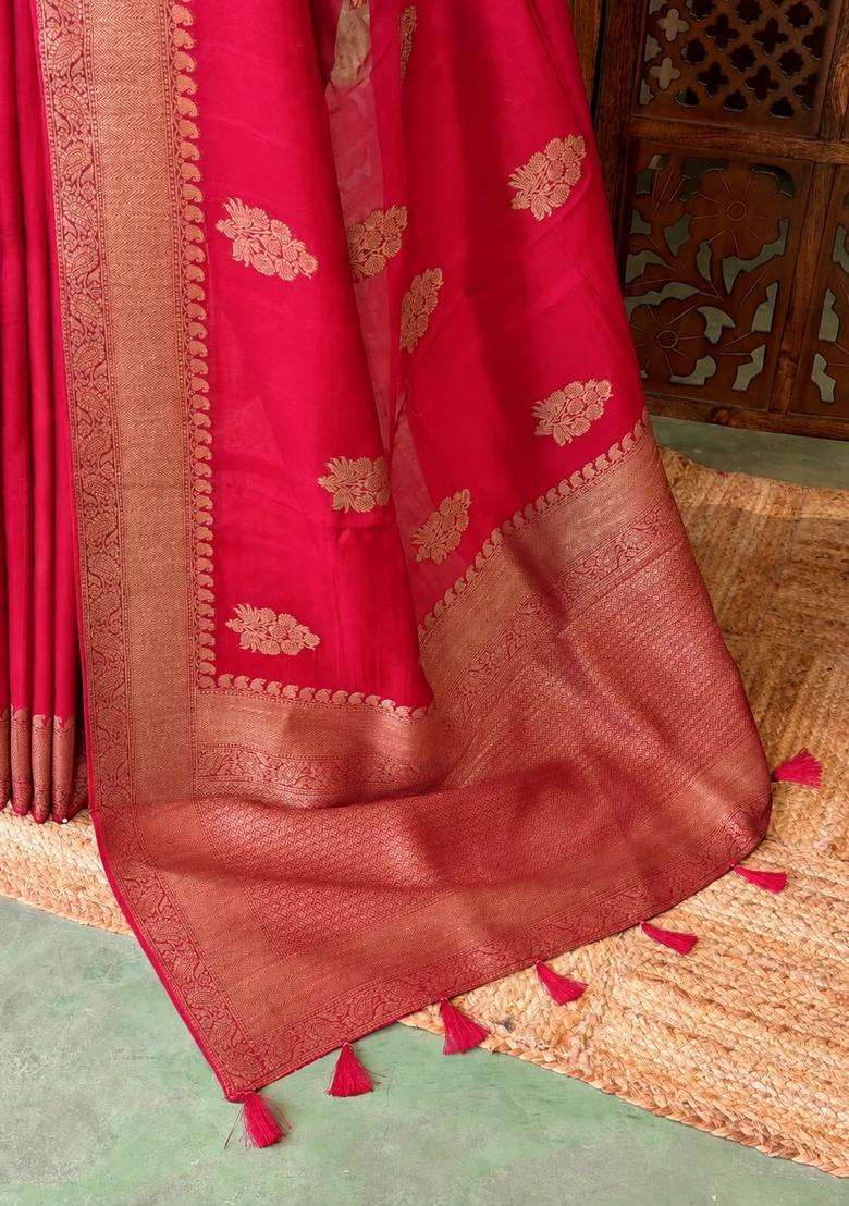 Red Wine Premium Tusser Silk Tussar Saree With Traditional Woven Design For Women - Indya
