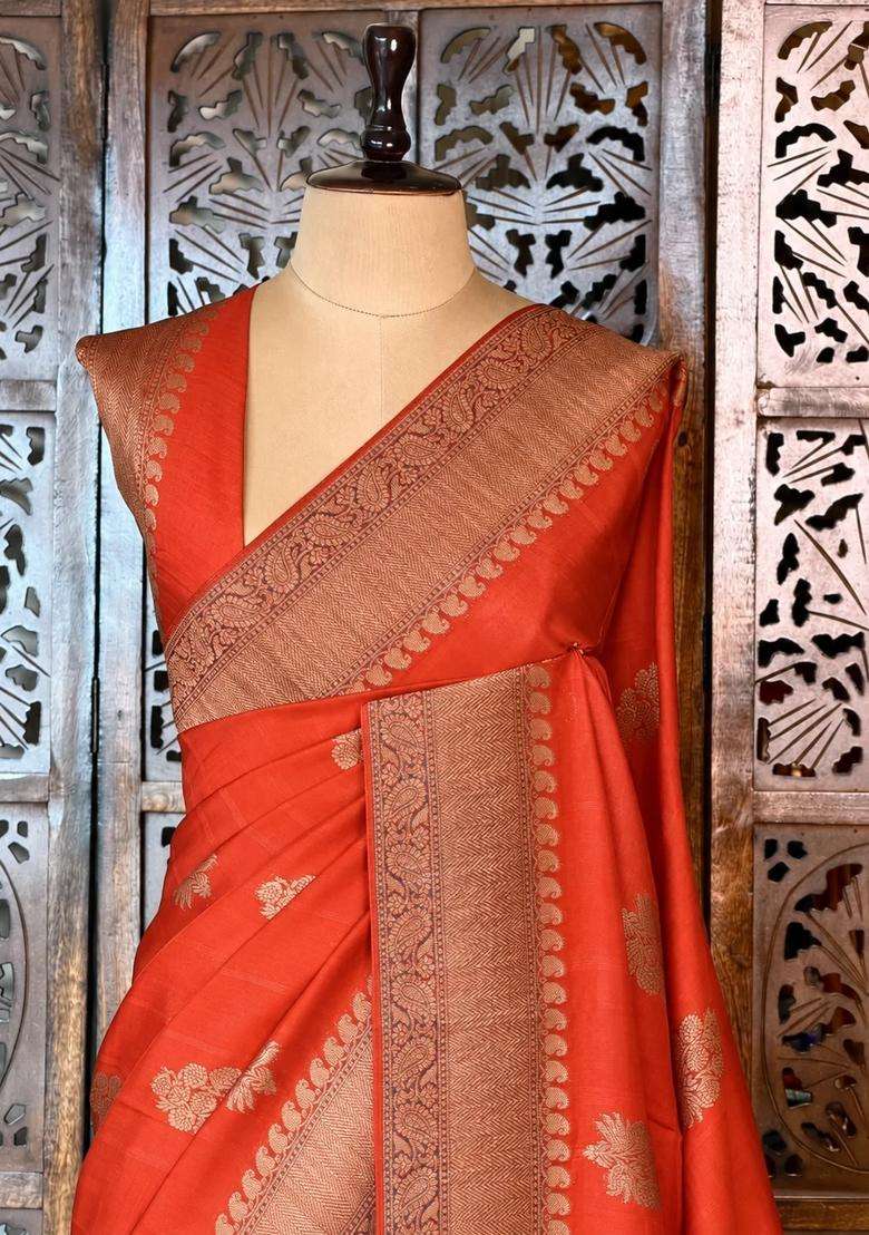 Orange Premium Tusser Silk Tussar Saree With Traditional Woven Design For Women - Indya