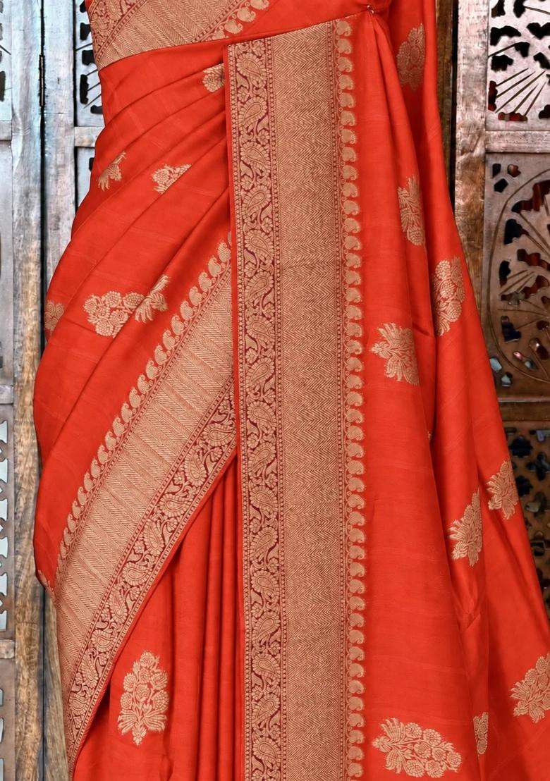 Orange Premium Tusser Silk Tussar Saree With Traditional Woven Design For Women - Indya