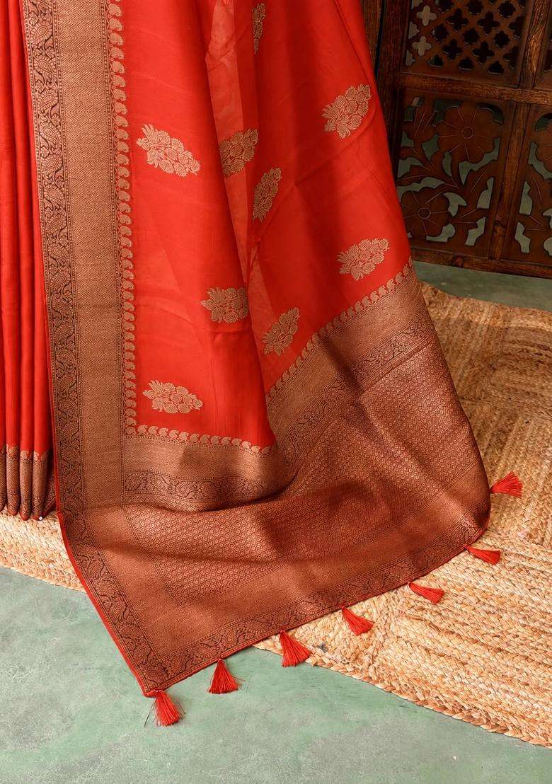 Orange Premium Tusser Silk Tussar Saree With Traditional Woven Design For Women - Indya