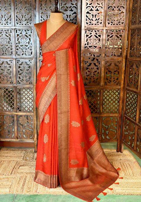 Orange Premium Tusser Silk Tussar Saree With Traditional Woven Design For Women