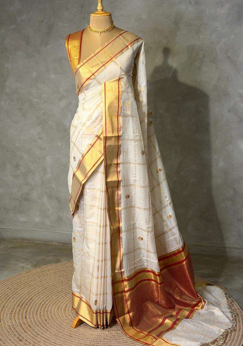 Offwhite And Gold Chanderi Silk Cotton Saree With Traditional Woven Design For Women - Indya