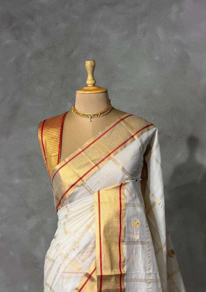 Offwhite And Gold Chanderi Silk Cotton Saree With Traditional Woven Design For Women - Indya