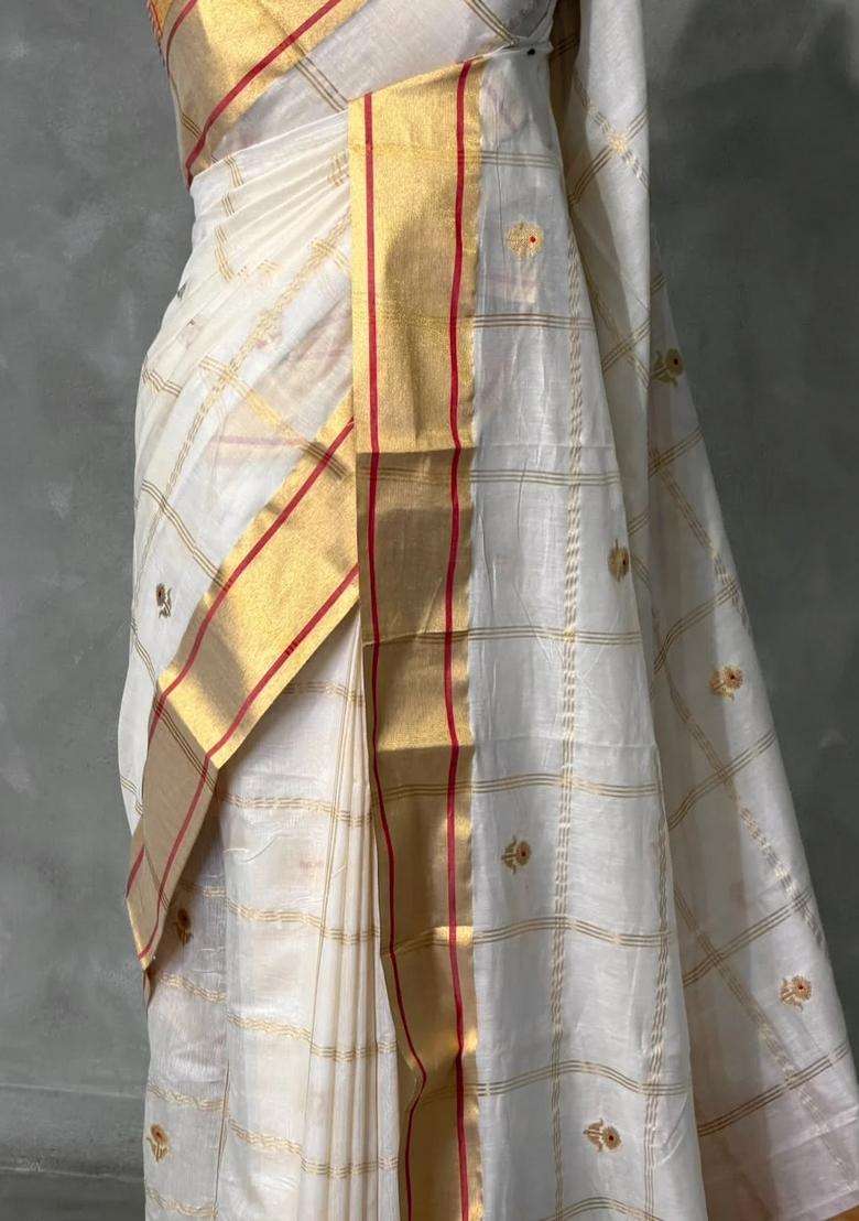 Offwhite And Gold Chanderi Silk Cotton Saree With Traditional Woven Design For Women - Indya