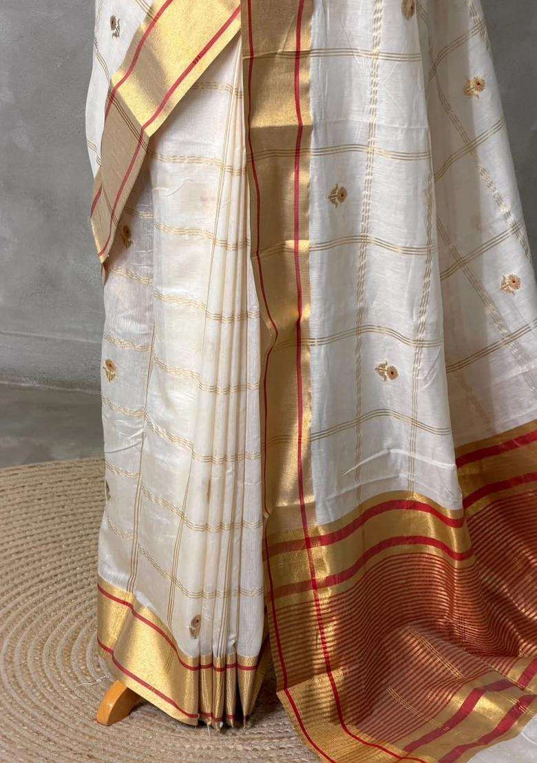 Offwhite And Gold Chanderi Silk Cotton Saree With Traditional Woven Design For Women - Indya