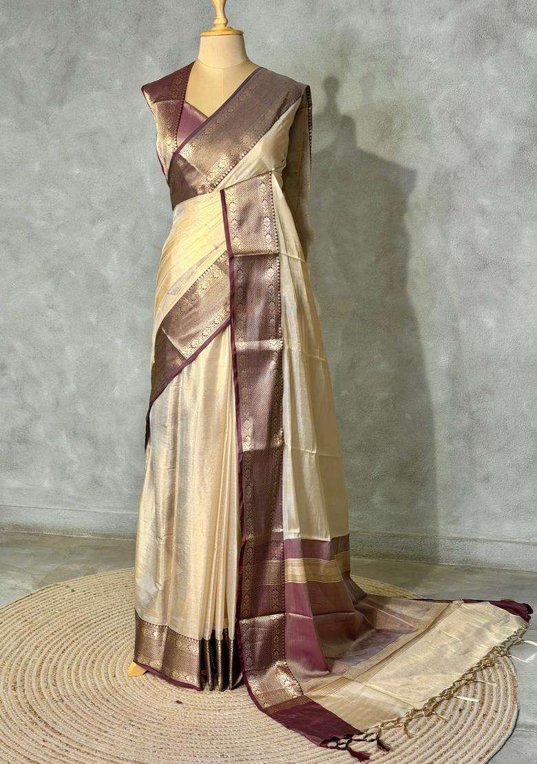 Light Gold And Brown Tissue Silk Cotton Saree With Traditional Woven Design For Women - Indya