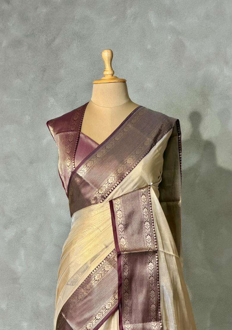 Light Gold And Brown Tissue Silk Cotton Saree With Traditional Woven Design For Women - Indya