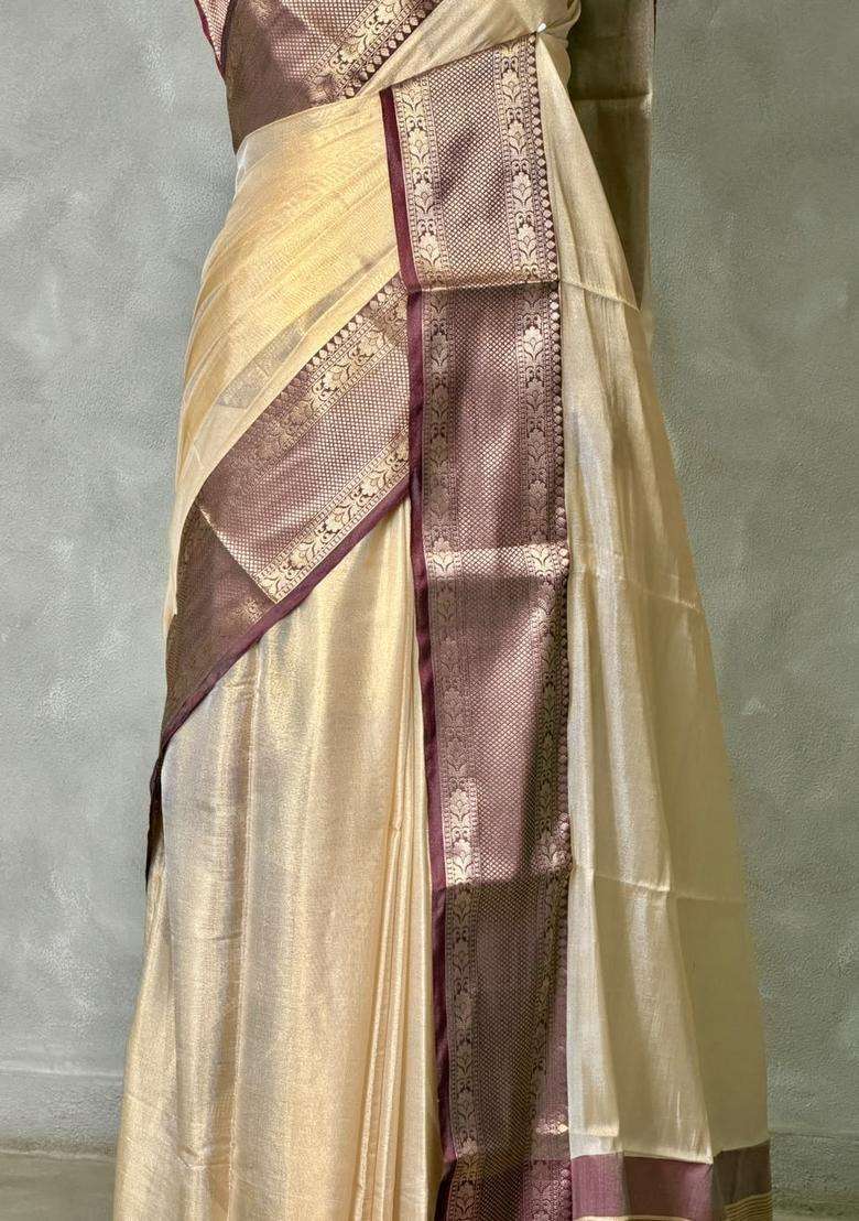 Light Gold And Brown Tissue Silk Cotton Saree With Traditional Woven Design For Women - Indya