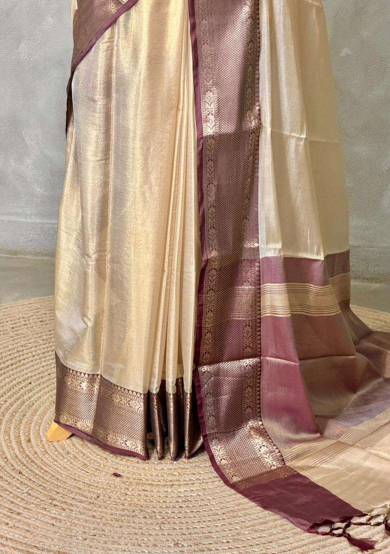 Light Gold And Brown Tissue Silk Cotton Saree With Traditional Woven Design For Women - Indya