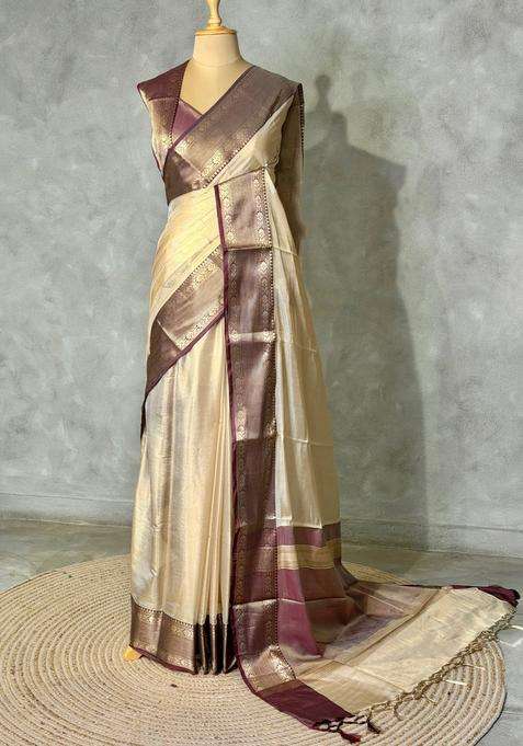 Light Gold And Brown Tissue Silk Cotton Saree With Traditional Woven Design For Women