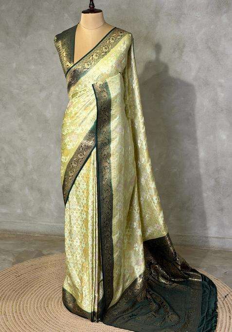 Light And Dark Green Banarasi Mashru Katan Silk Saree With Traditional Woven Design For Women