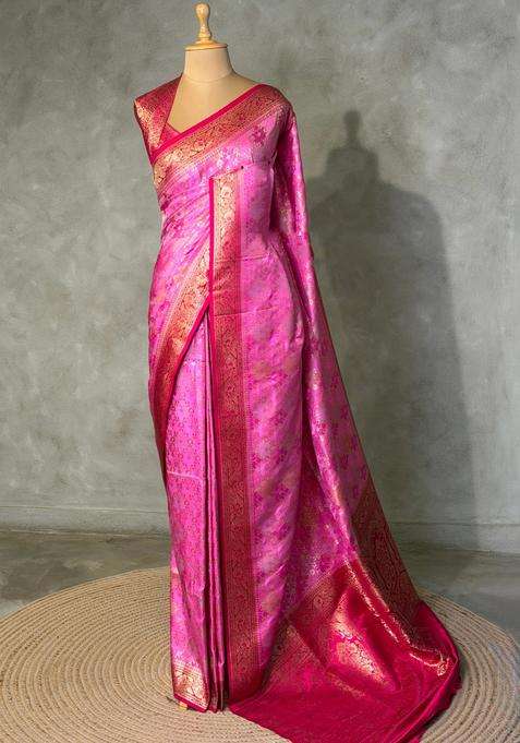 Pink And Red Banarasi Mashru Katan Silk Saree With Traditional Woven Design For Women
