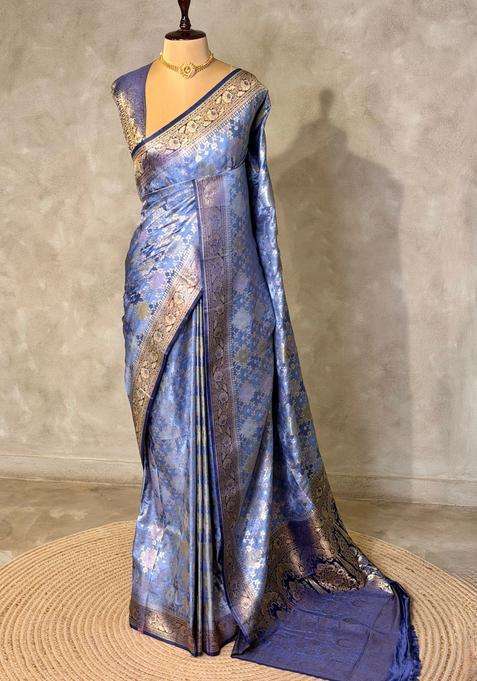 Blue Banarasi Mashru Katan Silk Saree With Traditional Woven Design For Women