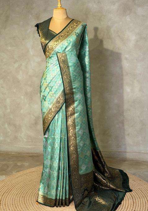Green Banarasi Mashru Katan Silk Saree With Traditional Woven Design For Women