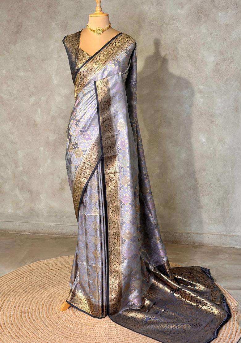Bluish Grey Banarasi Mashru Katan Silk Saree With Traditional Woven Design For Women - Indya