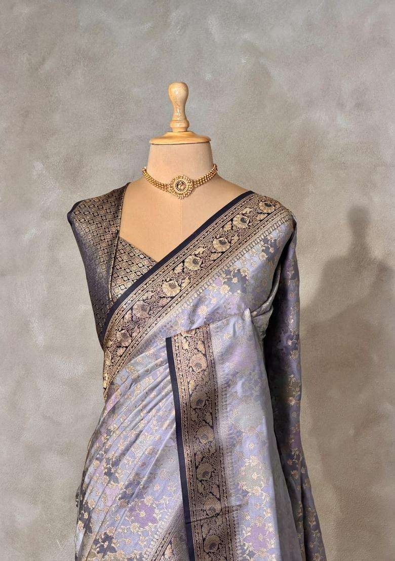 Bluish Grey Banarasi Mashru Katan Silk Saree With Traditional Woven Design For Women - Indya