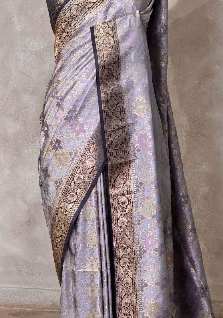 Bluish Grey Banarasi Mashru Katan Silk Saree With Traditional Woven Design For Women - Indya