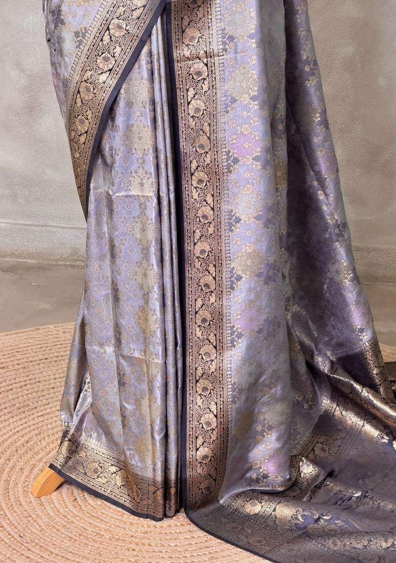 Bluish Grey Banarasi Mashru Katan Silk Saree With Traditional Woven Design For Women - Indya