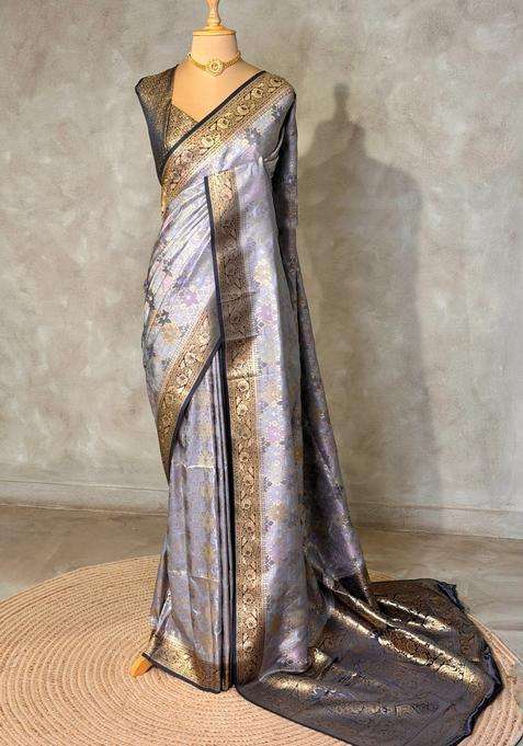 Bluish Grey Banarasi Mashru Katan Silk Saree With Traditional Woven Design For Women