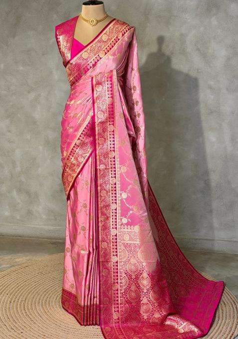 Pink And Rani Pink Banarasi Mashru Katan Silk Saree With Traditional Woven Design For Women