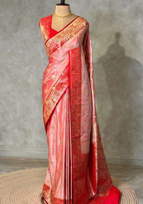 Peach And Red Banarasi Mashru Katan Silk Saree With Traditional Woven Design For Women