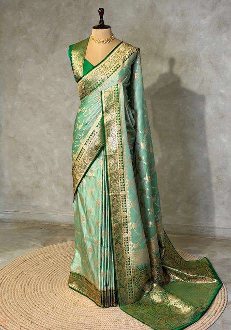 Light And Dark Green Banarasi Mashru Katan Silk Saree With Traditional Woven Design For Women