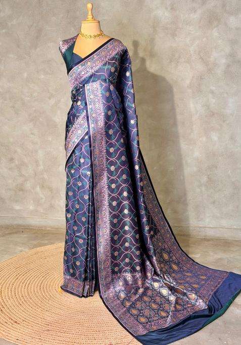 Blue Banarasi Mashru Katan Silk Saree With Traditional Woven Design For Women