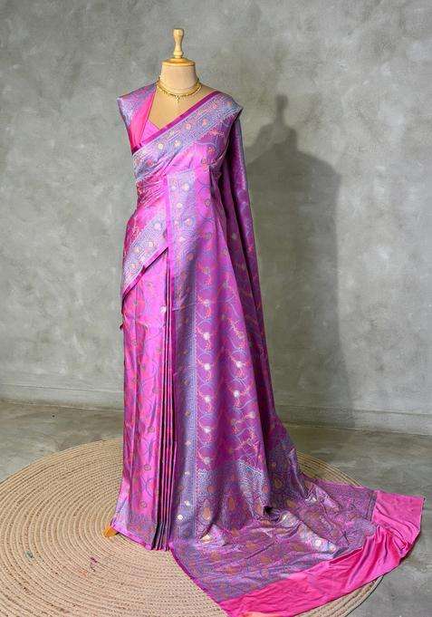 Lilac Pink Banarasi Mashru Katan Silk Saree With Traditional Woven Design For Women