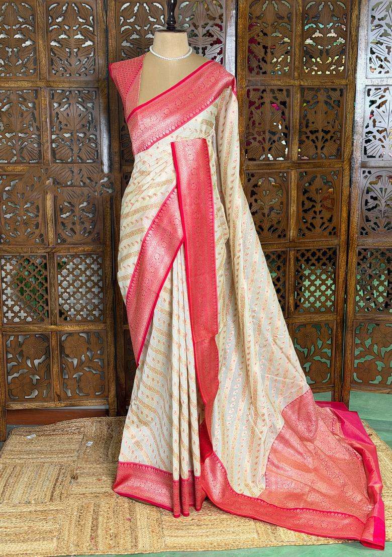 Sandal And Rani Pink Khadial Tissue Banarasi Silk Saree With Traditional Woven Design For Women - Indya